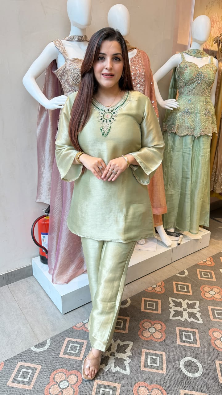 Sage Green Embellished Kurta Pant Set