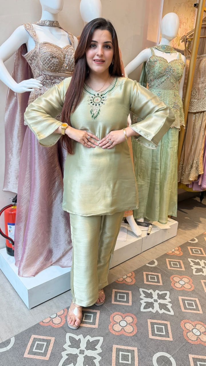 Sage Green Embellished Kurta Pant Set