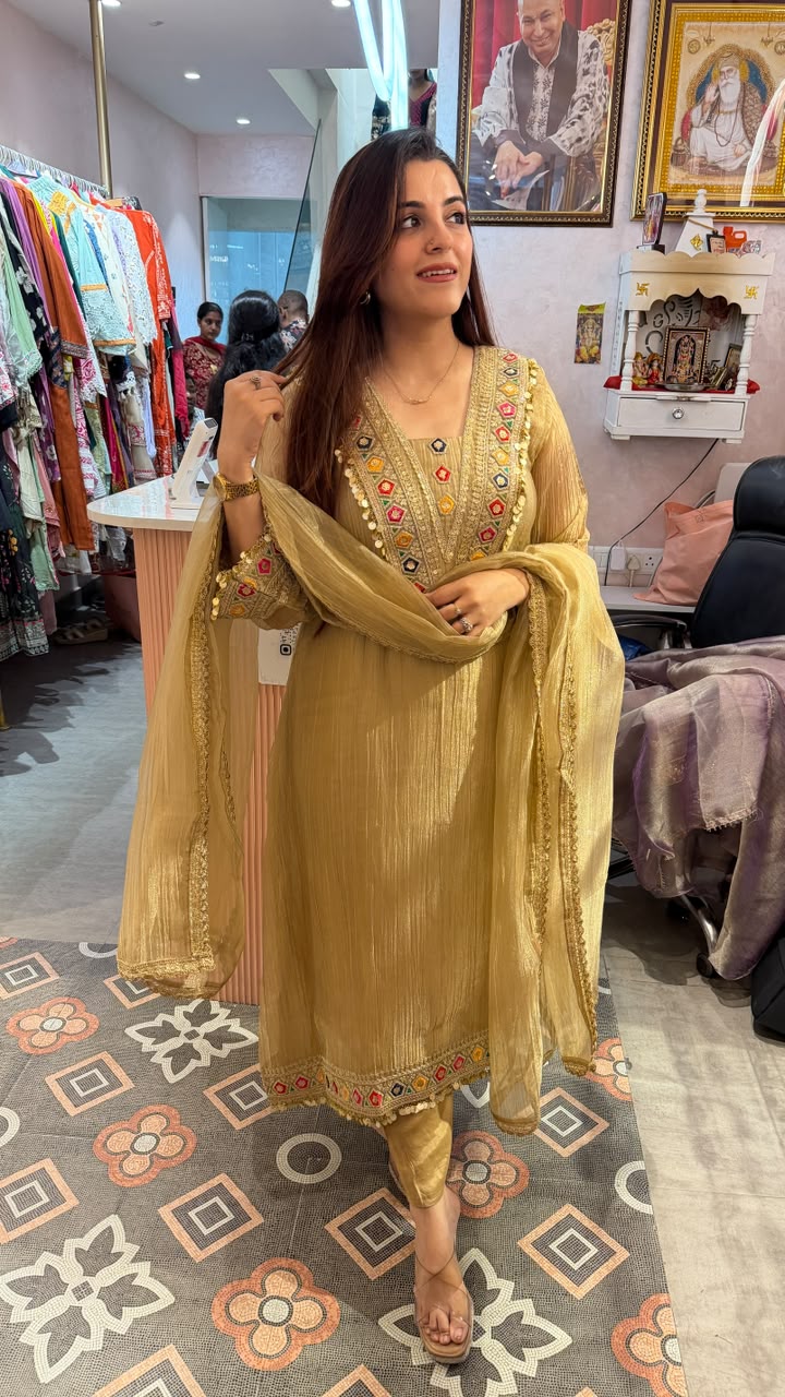 Mirror Work Crinkle Straight Kurta Set with Dupatta