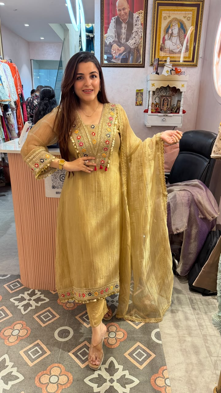 Mirror Work Crinkle Straight Kurta Set with Dupatta