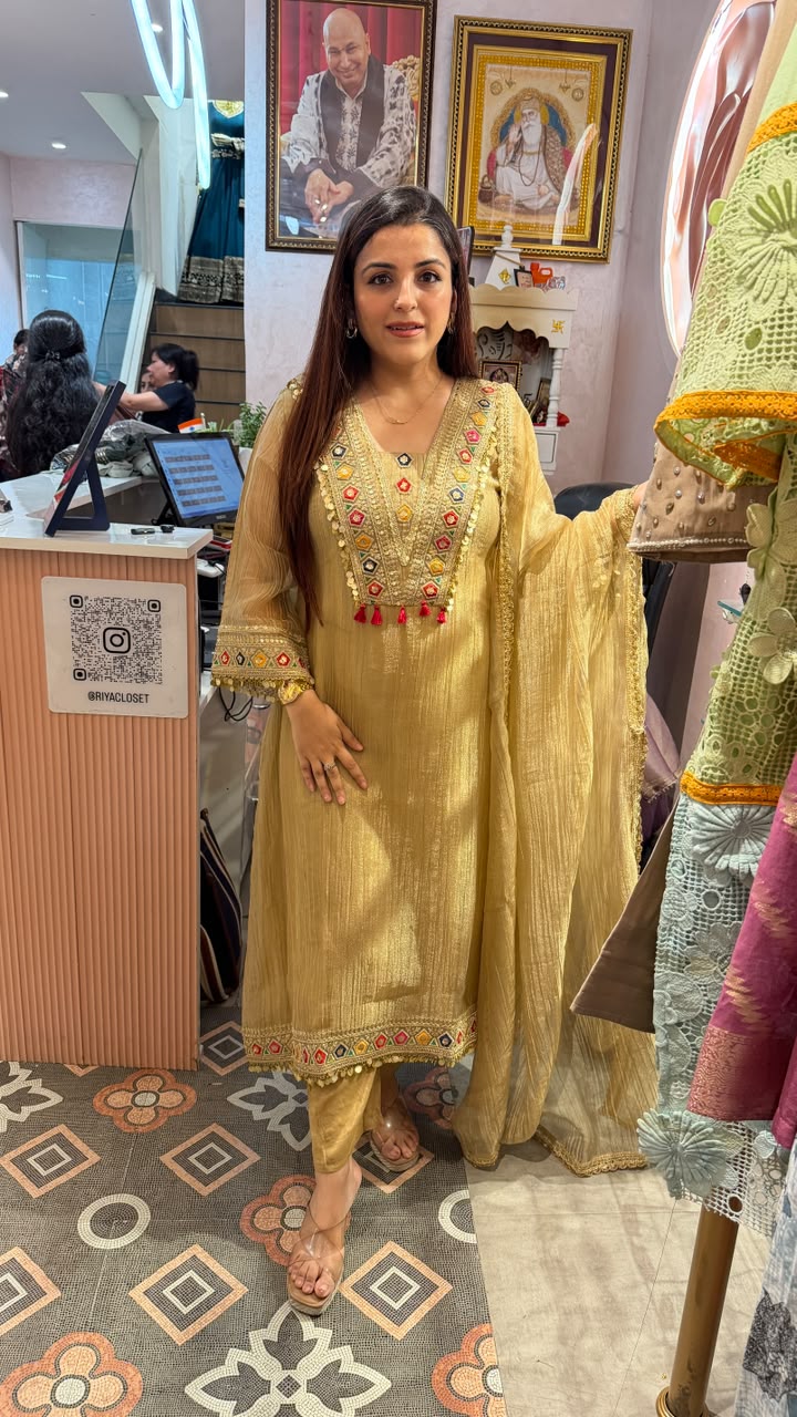 Mirror Work Crinkle Straight Kurta Set with Dupatta