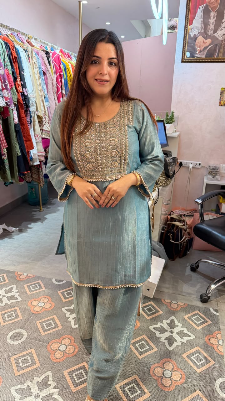 Embroidered Straight Kurta Set with Pleated Dupatta