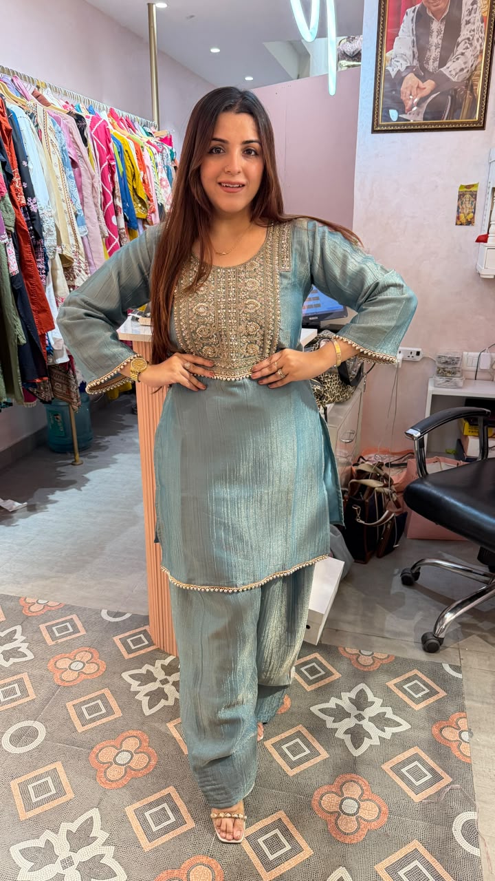 Embroidered Straight Kurta Set with Pleated Dupatta
