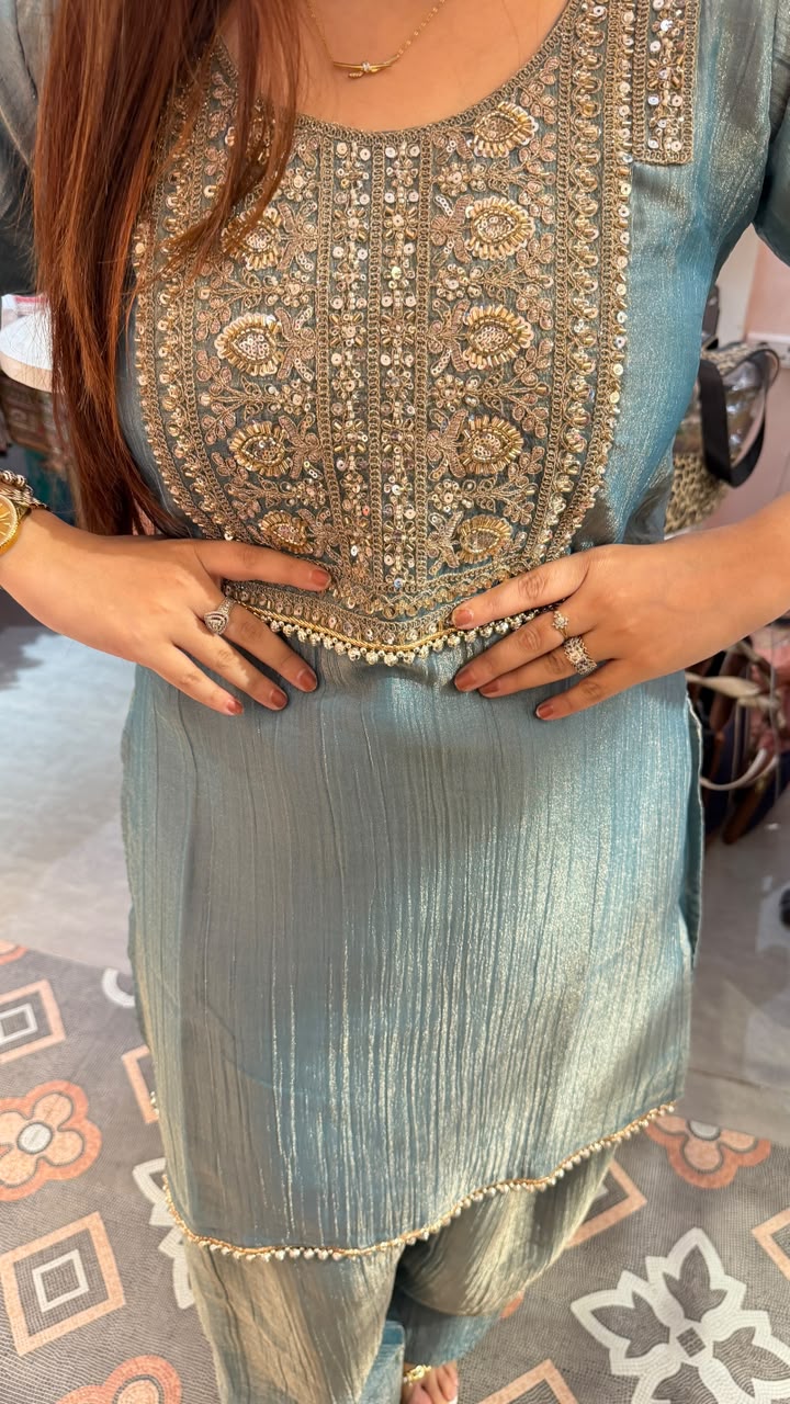 Embroidered Straight Kurta Set with Pleated Dupatta