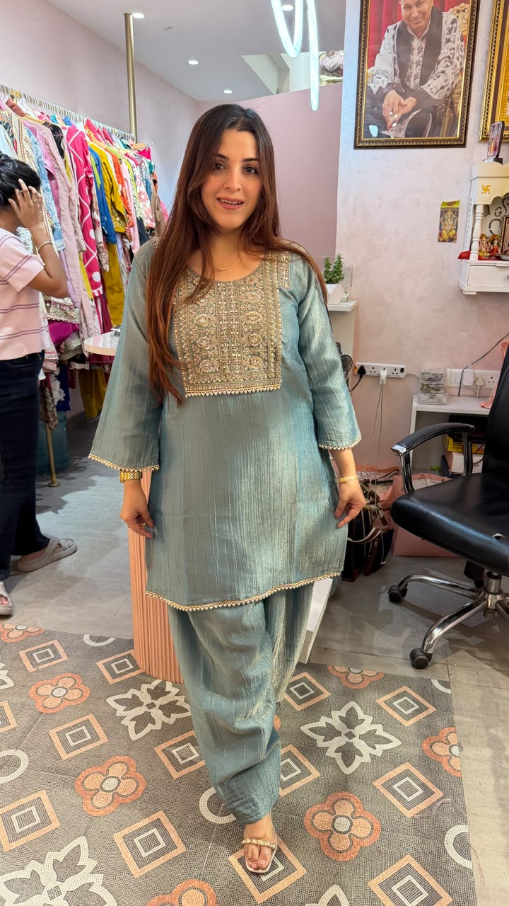 Embroidered Straight Kurta Set with Pleated Dupatta