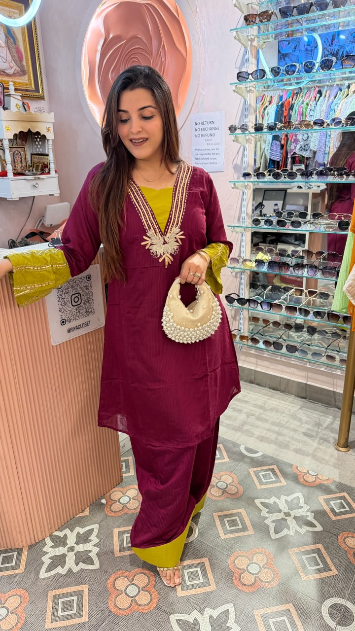 Magenta Embroidered Kurta Set with Contrast Accents