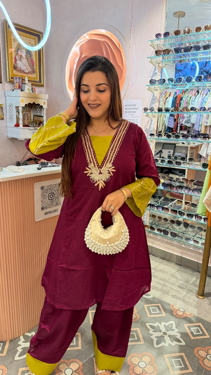 Magenta Embroidered Kurta Set with Contrast Accents
