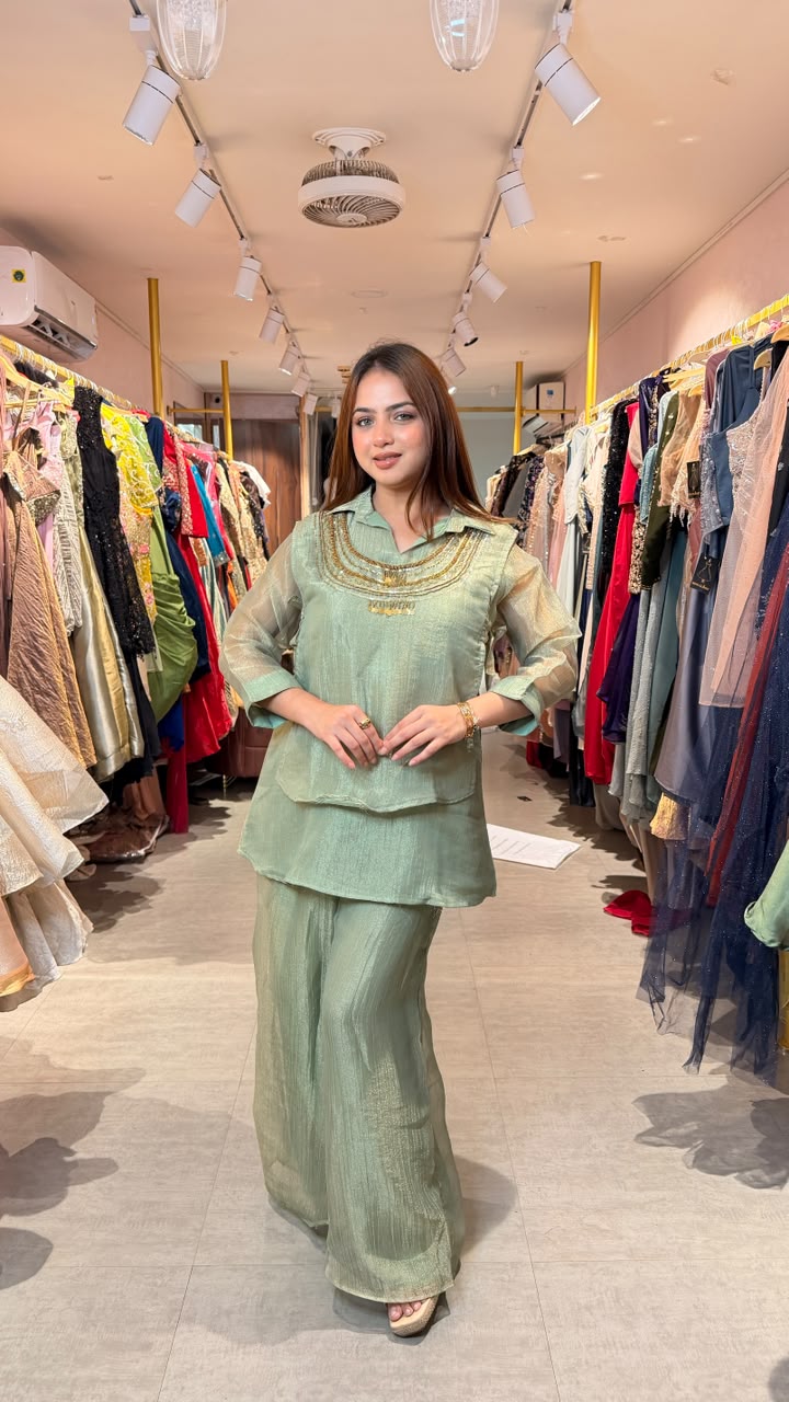 Sage Green Embellished Kurta Palazzo Co-ord Set