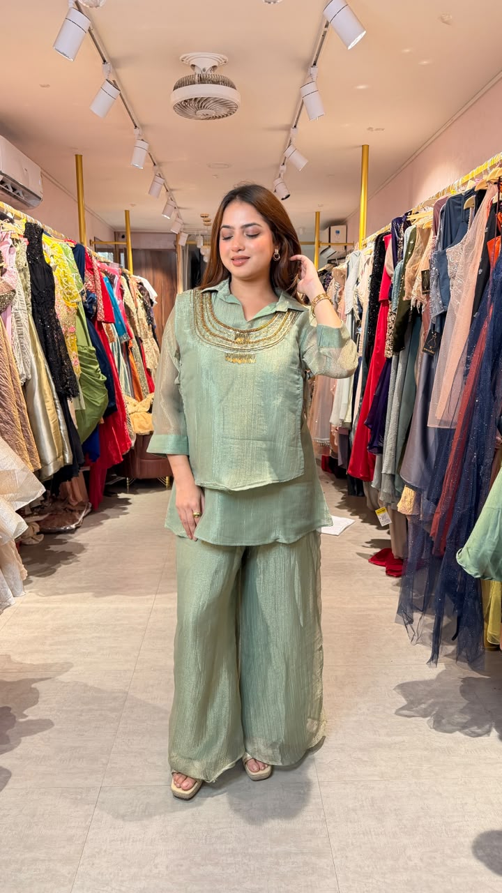 Sage Green Embellished Kurta Palazzo Co-ord Set