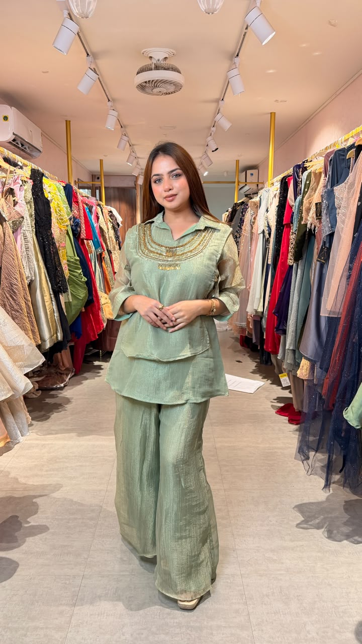 Sage Green Embellished Kurta Palazzo Co-ord Set