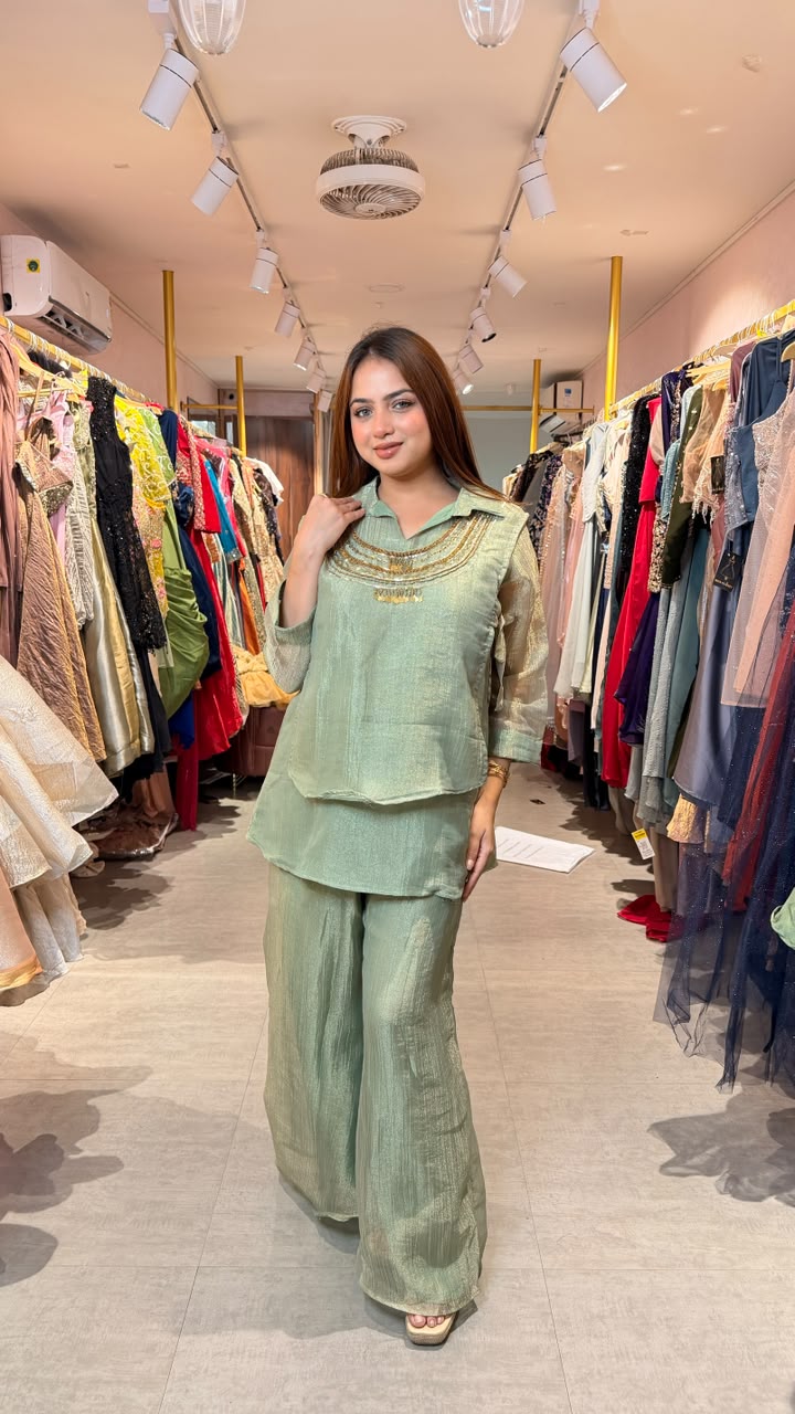 Sage Green Embellished Kurta Palazzo Co-ord Set