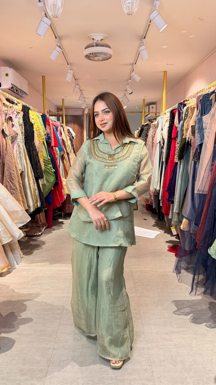 Sage Green Embellished Kurta Palazzo Co-ord Set
