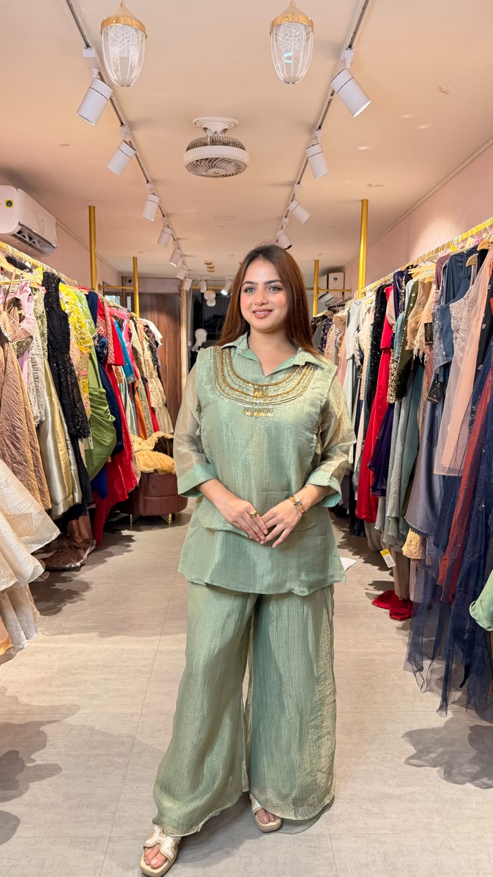 Sage Green Embellished Kurta Palazzo Co-ord Set