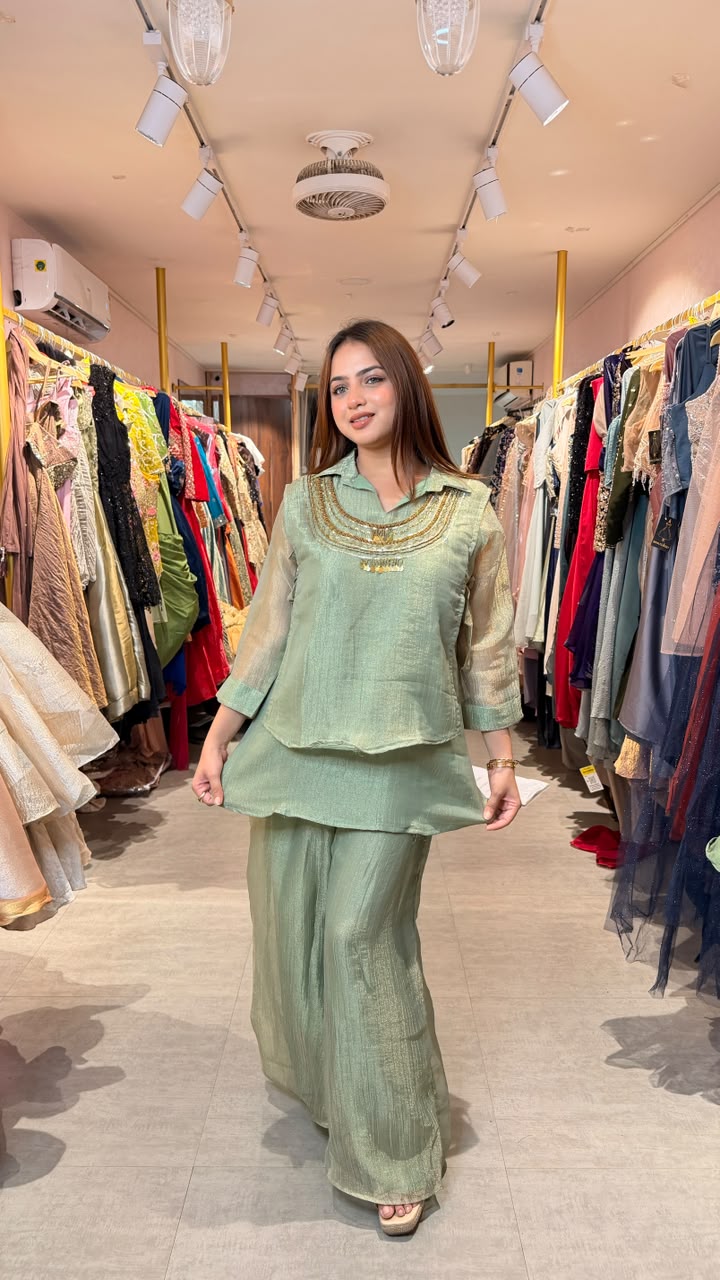 Sage Green Embellished Kurta Palazzo Co-ord Set
