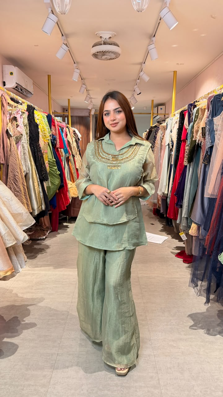 Sage Green Embellished Kurta Palazzo Co-ord Set