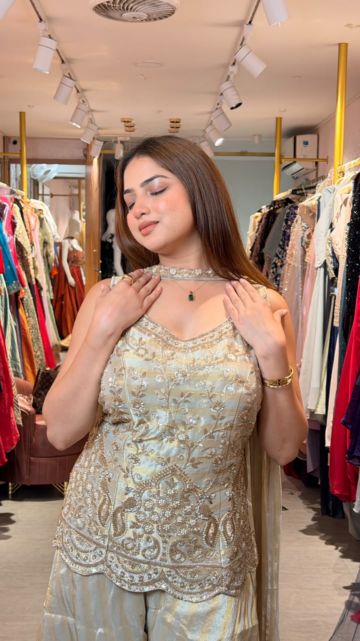 Golden Embellished Kurta Palazzo Set with Choker Dupatta