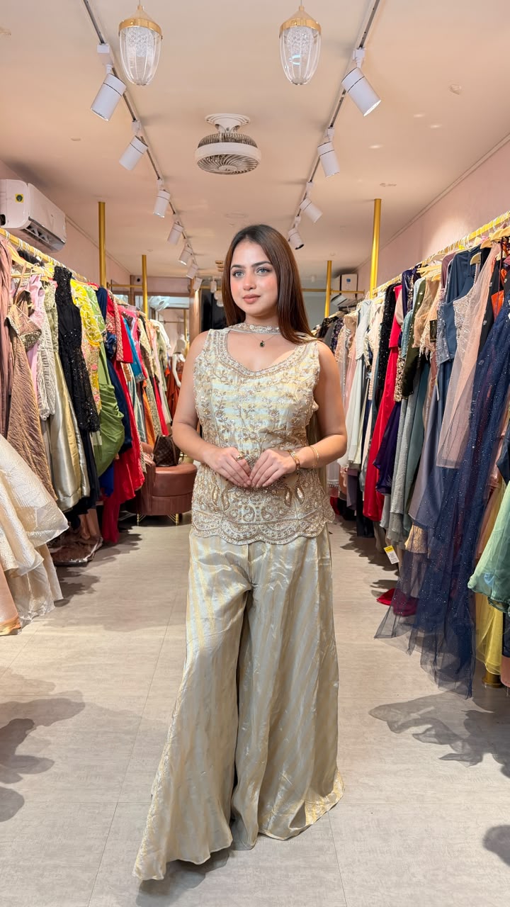 Golden Embellished Kurta Palazzo Set with Choker Dupatta