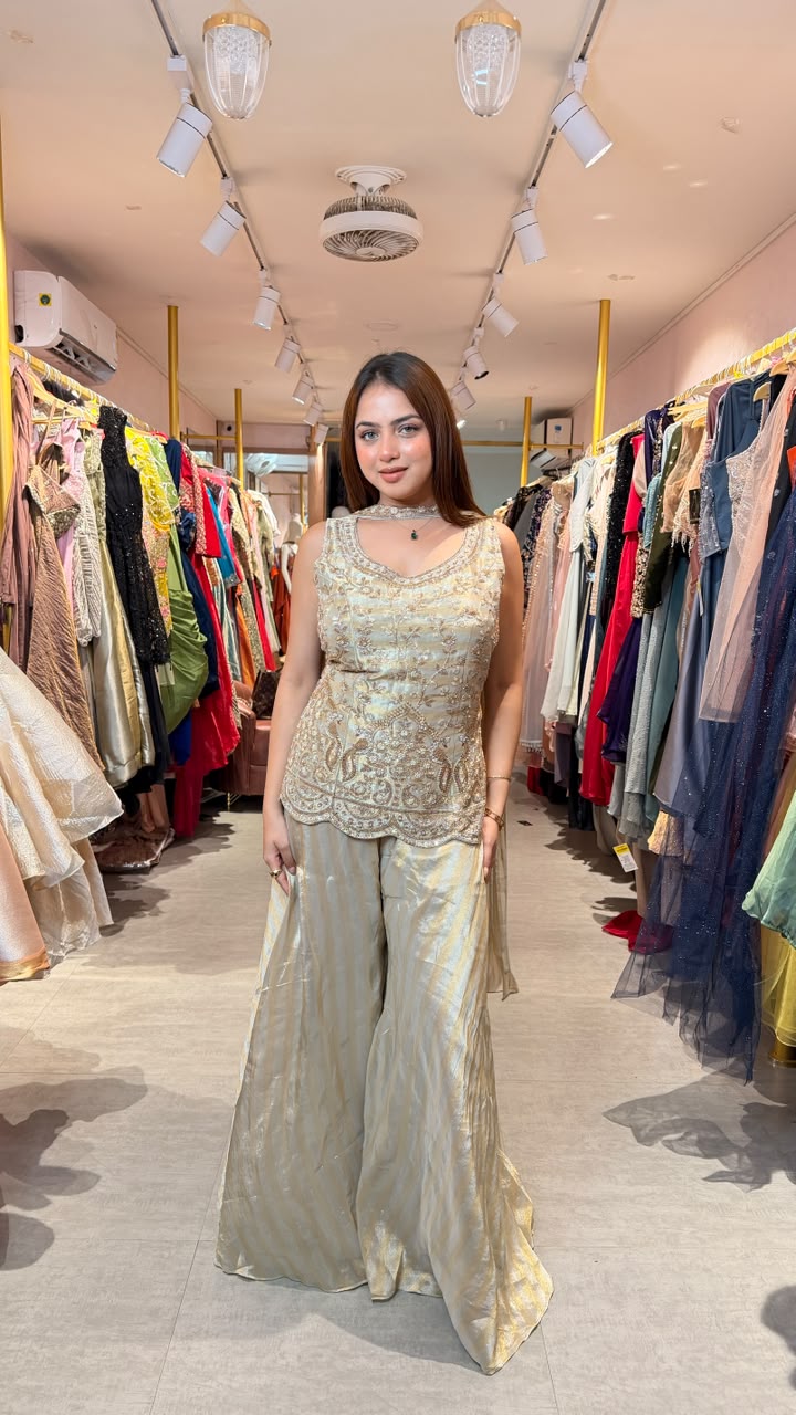 Golden Embellished Kurta Palazzo Set with Choker Dupatta