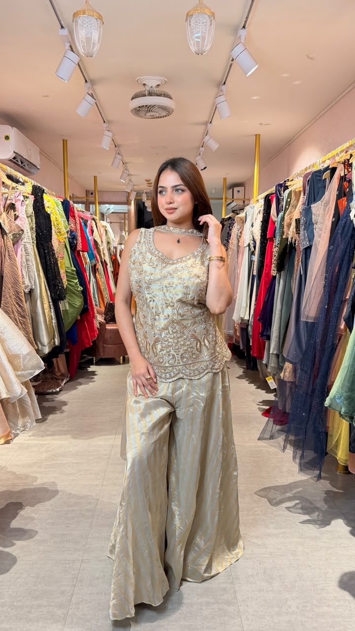 Golden Embellished Kurta Palazzo Set with Choker Dupatta