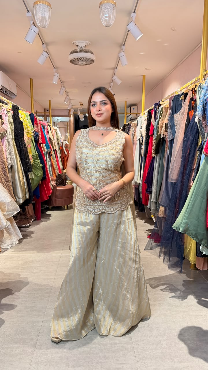 Golden Embellished Kurta Palazzo Set with Choker Dupatta