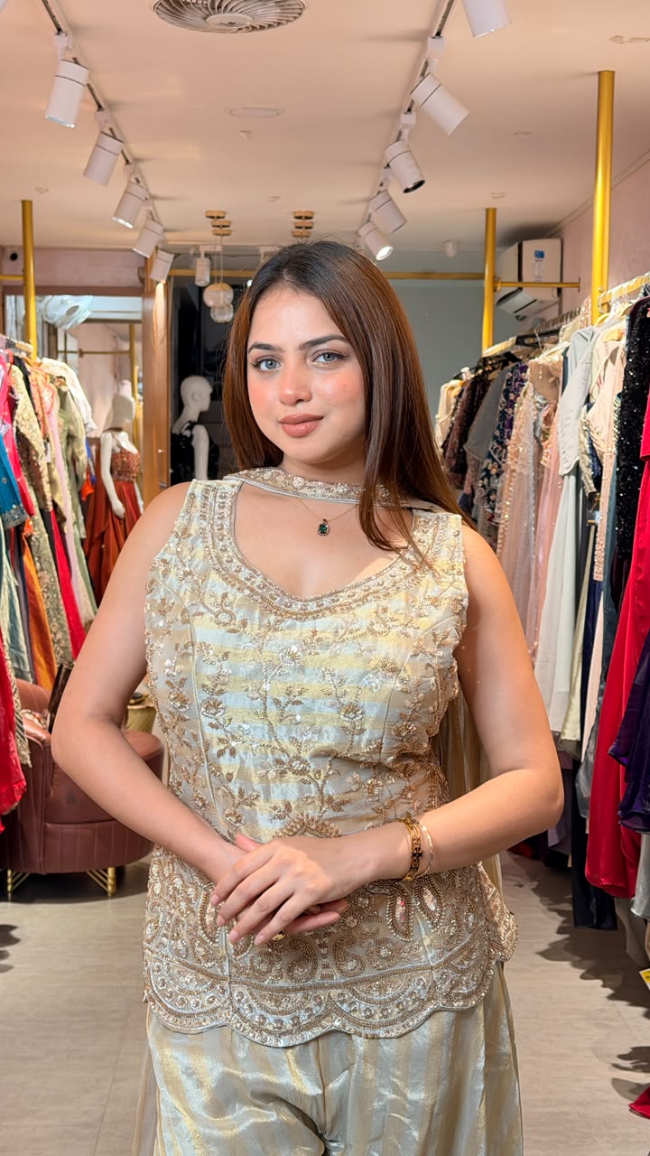 Golden Embellished Kurta Palazzo Set with Choker Dupatta