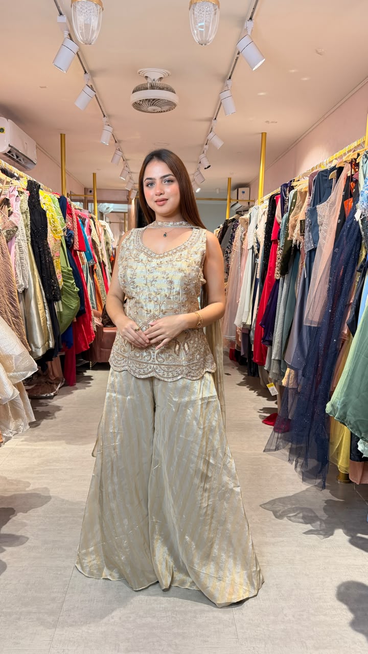 Golden Embellished Kurta Palazzo Set with Choker Dupatta