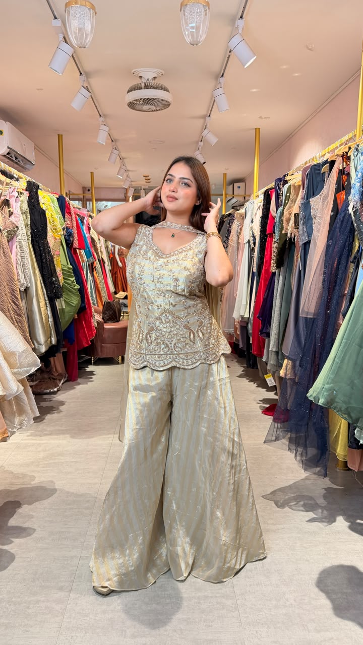 Golden Embellished Kurta Palazzo Set with Choker Dupatta