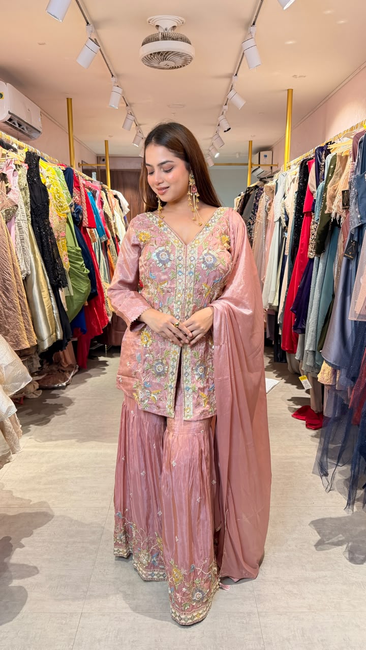 Blush Pink Floral Embroidered Kurta Sharara Set with Dupatta