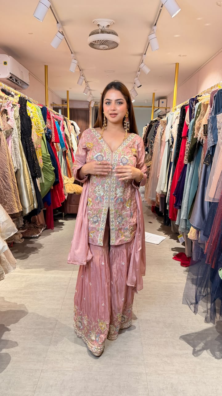 Blush Pink Floral Embroidered Kurta Sharara Set with Dupatta