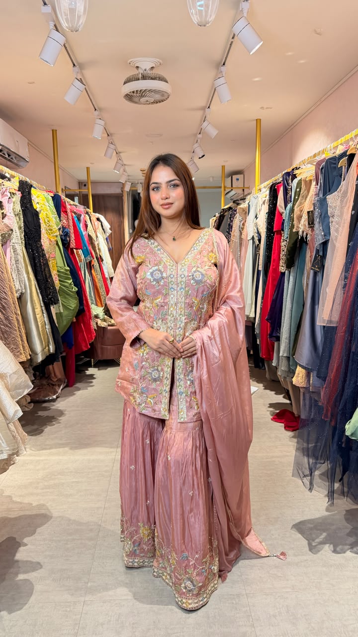 Blush Pink Floral Embroidered Kurta Sharara Set with Dupatta