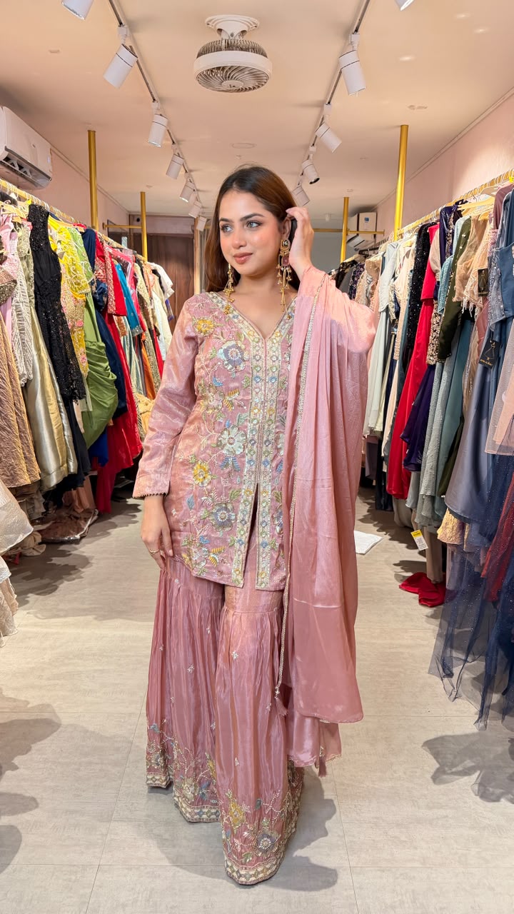 Blush Pink Floral Embroidered Kurta Sharara Set with Dupatta