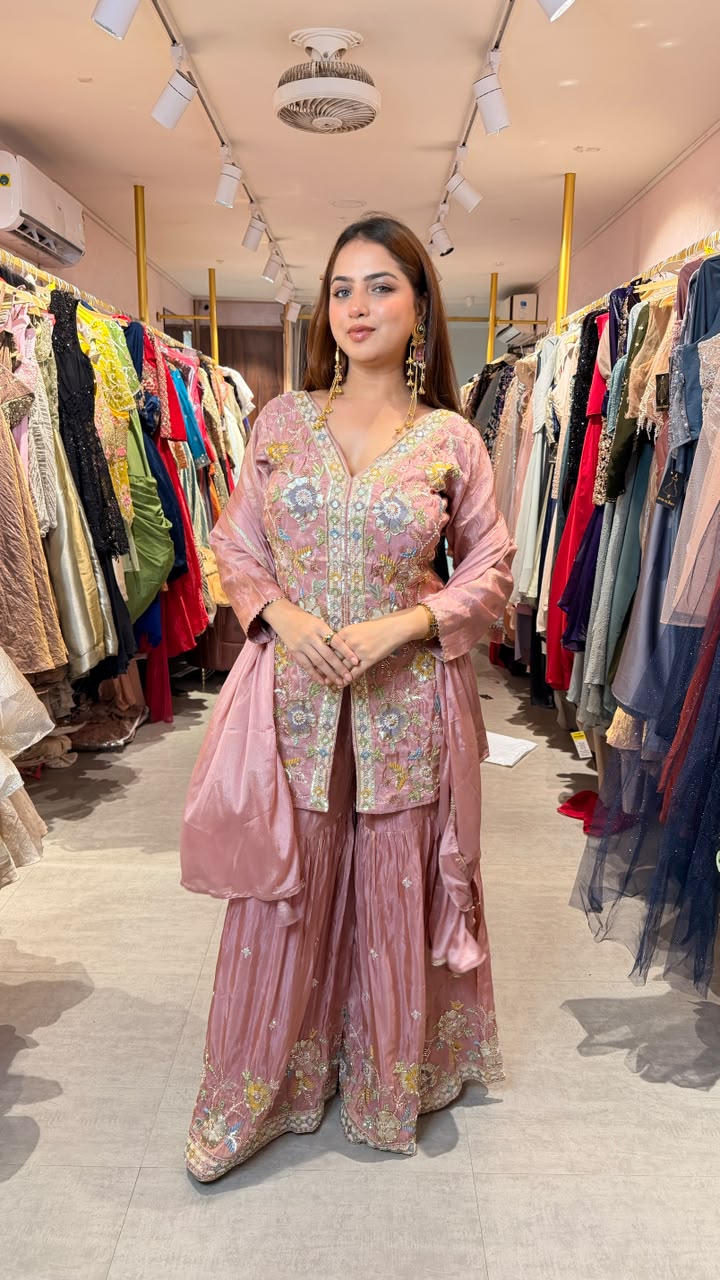 Blush Pink Floral Embroidered Kurta Sharara Set with Dupatta