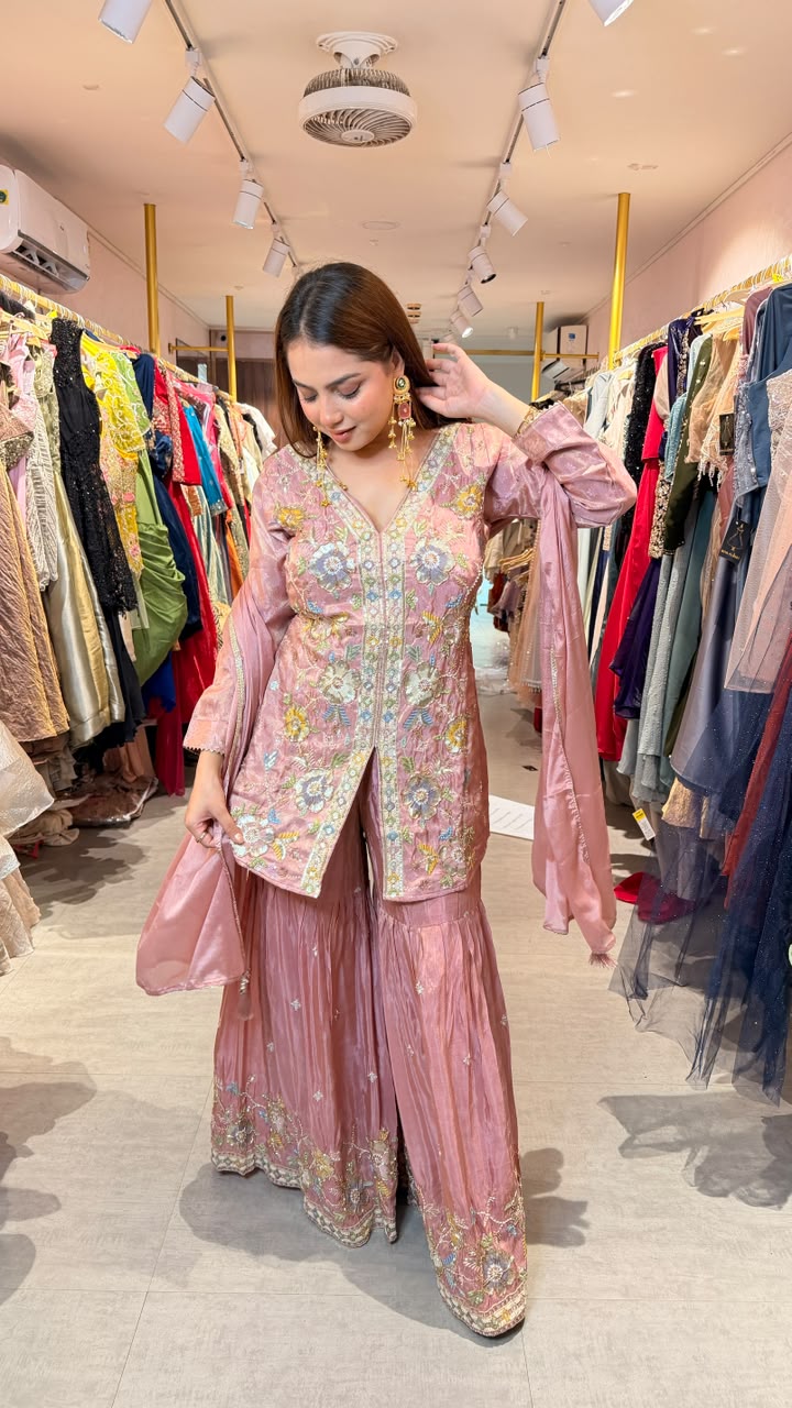 Blush Pink Floral Embroidered Kurta Sharara Set with Dupatta