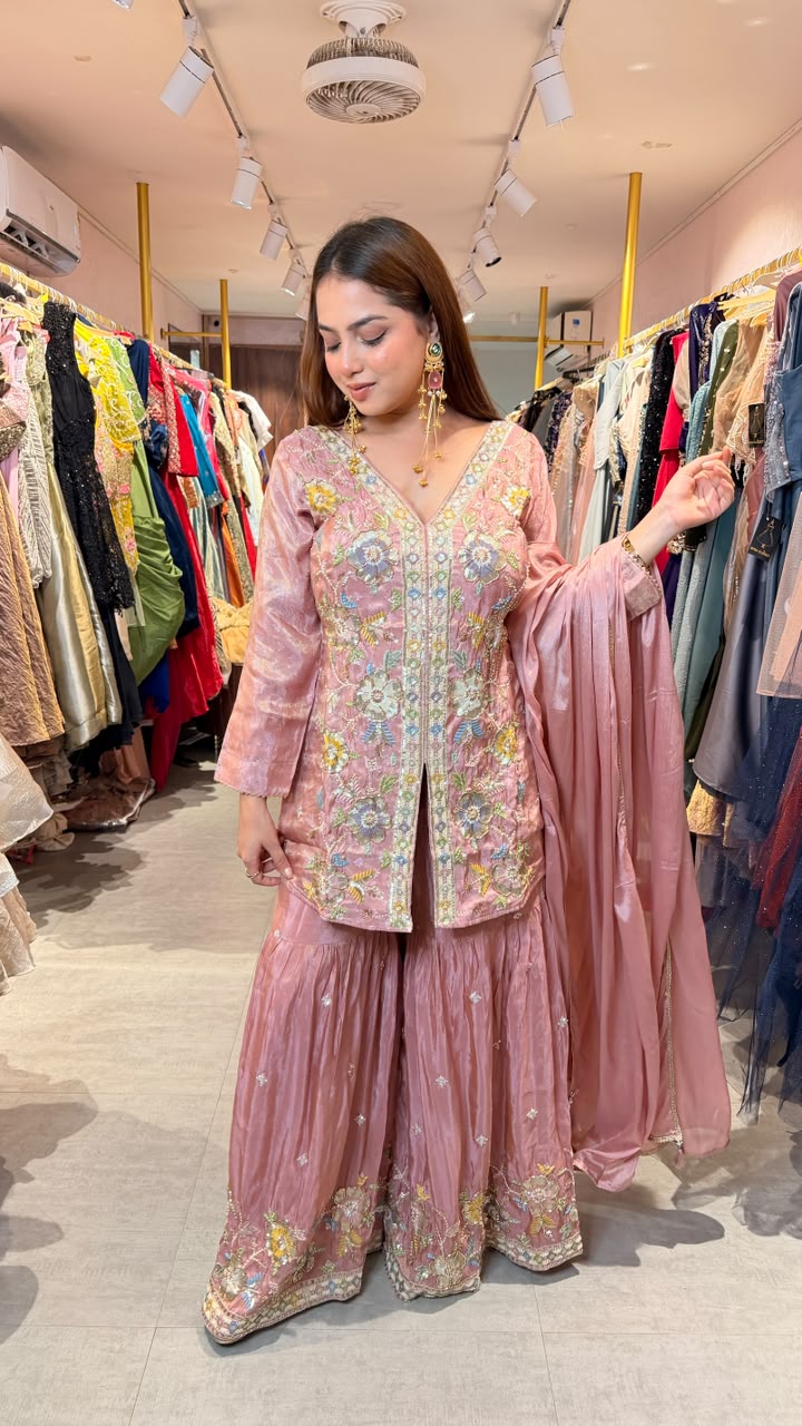 Blush Pink Floral Embroidered Kurta Sharara Set with Dupatta