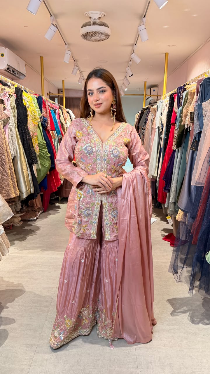 Blush Pink Floral Embroidered Kurta Sharara Set with Dupatta