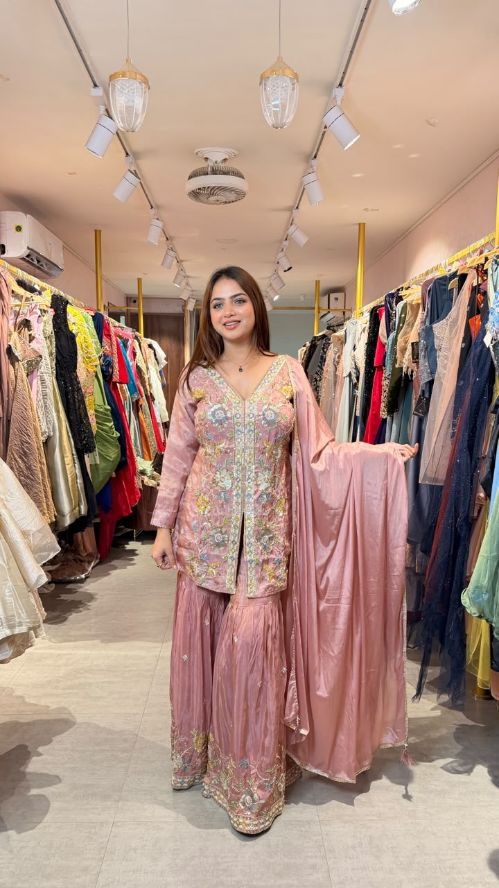 Blush Pink Floral Embroidered Kurta Sharara Set with Dupatta