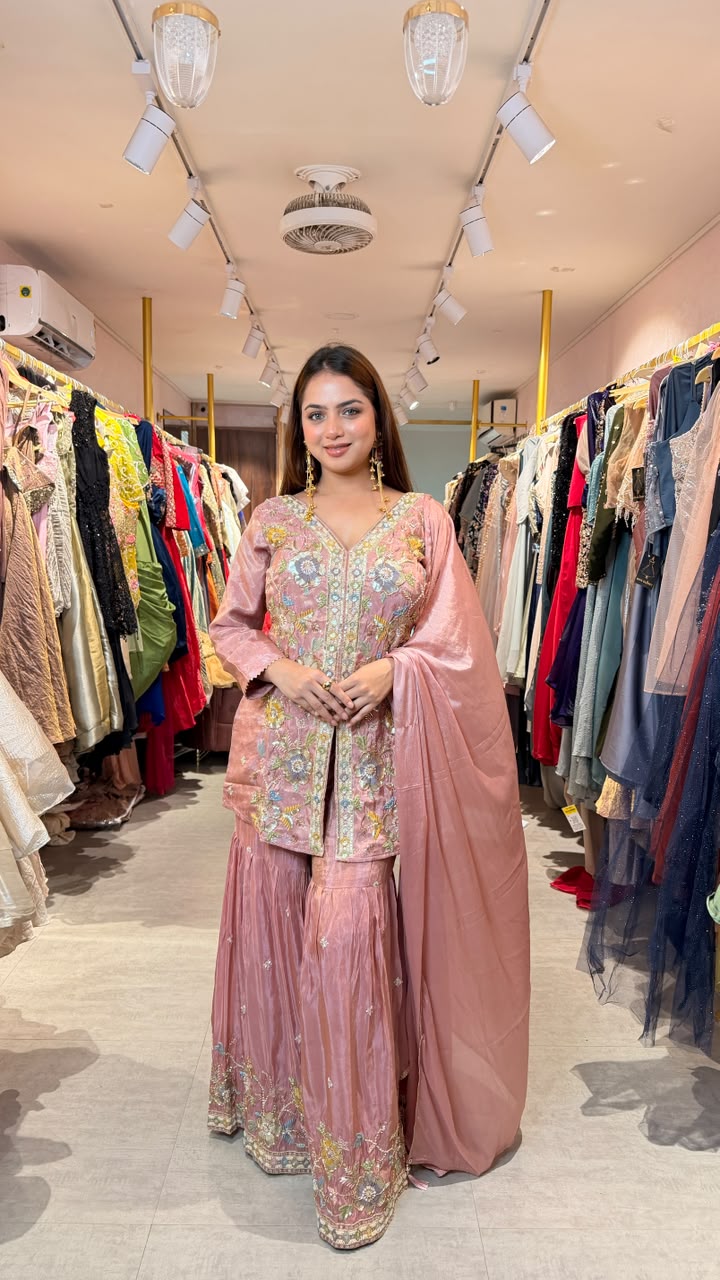 Blush Pink Floral Embroidered Kurta Sharara Set with Dupatta