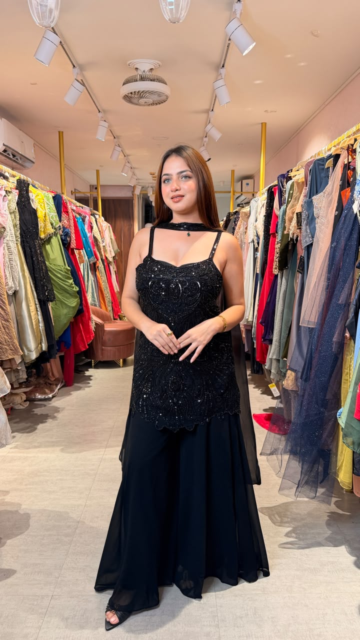 Black Embellished Kurta Sharara Set with Organza Dupatta
