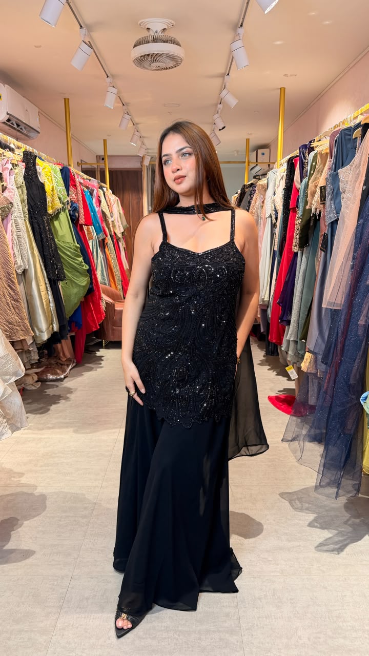 Black Embellished Kurta Sharara Set with Organza Dupatta