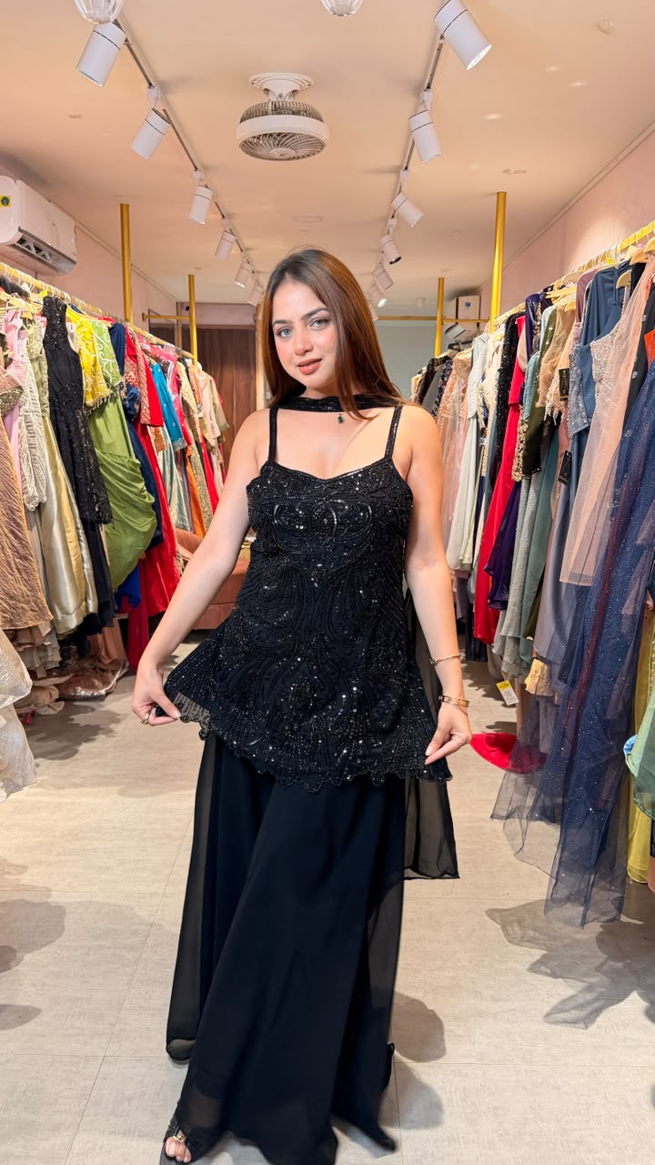 Black Embellished Kurta Sharara Set with Organza Dupatta