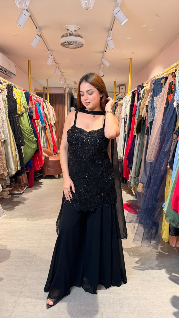 Black Embellished Kurta Sharara Set with Organza Dupatta