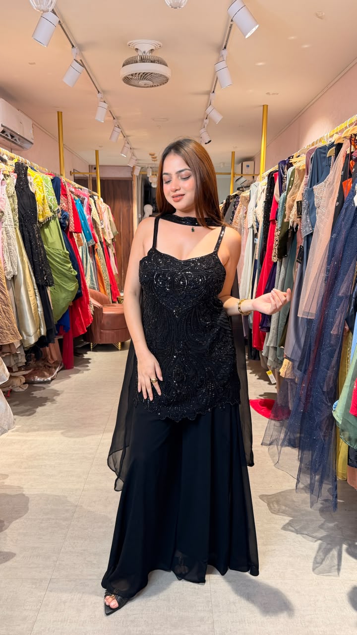 Black Embellished Kurta Sharara Set with Organza Dupatta