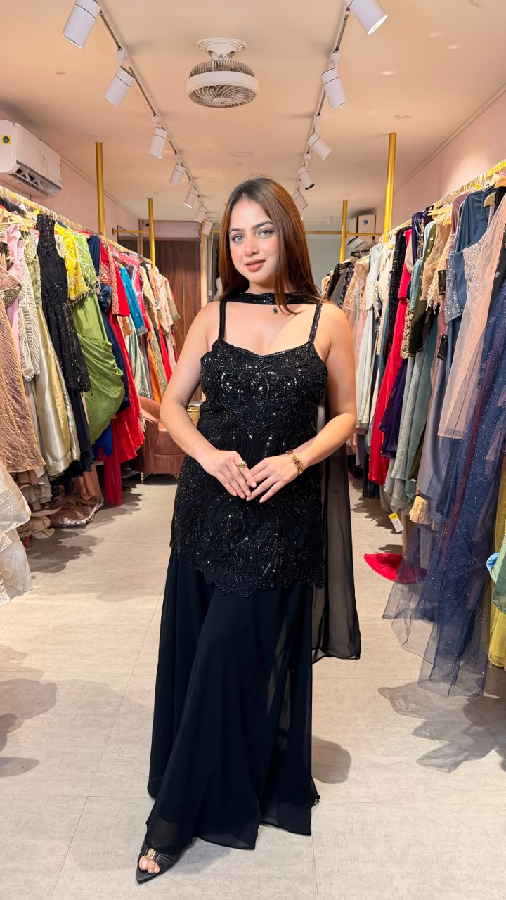 Black Embellished Kurta Sharara Set with Organza Dupatta