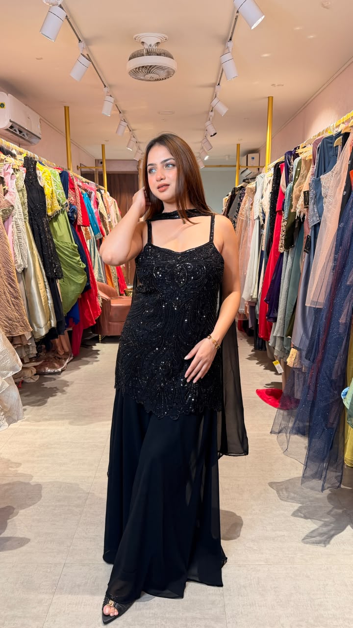 Black Embellished Kurta Sharara Set with Organza Dupatta