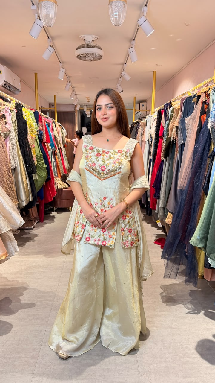 Floral Embroidered Silk Kurta Palazzo Set with Dupatta