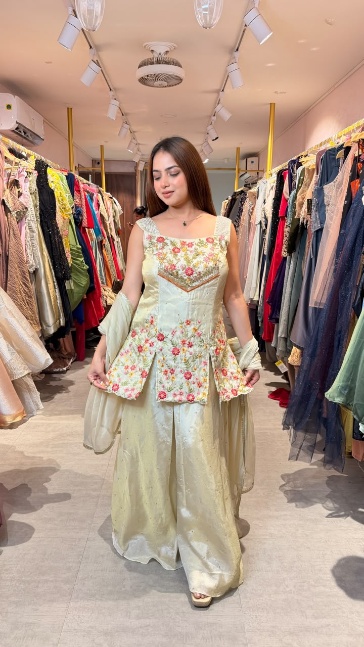 Floral Embroidered Silk Kurta Palazzo Set with Dupatta