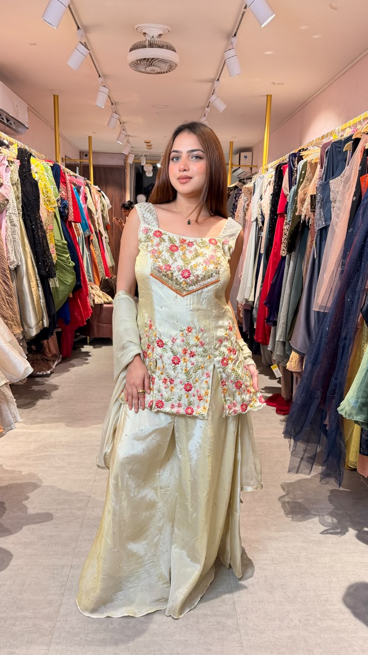 Floral Embroidered Silk Kurta Palazzo Set with Dupatta