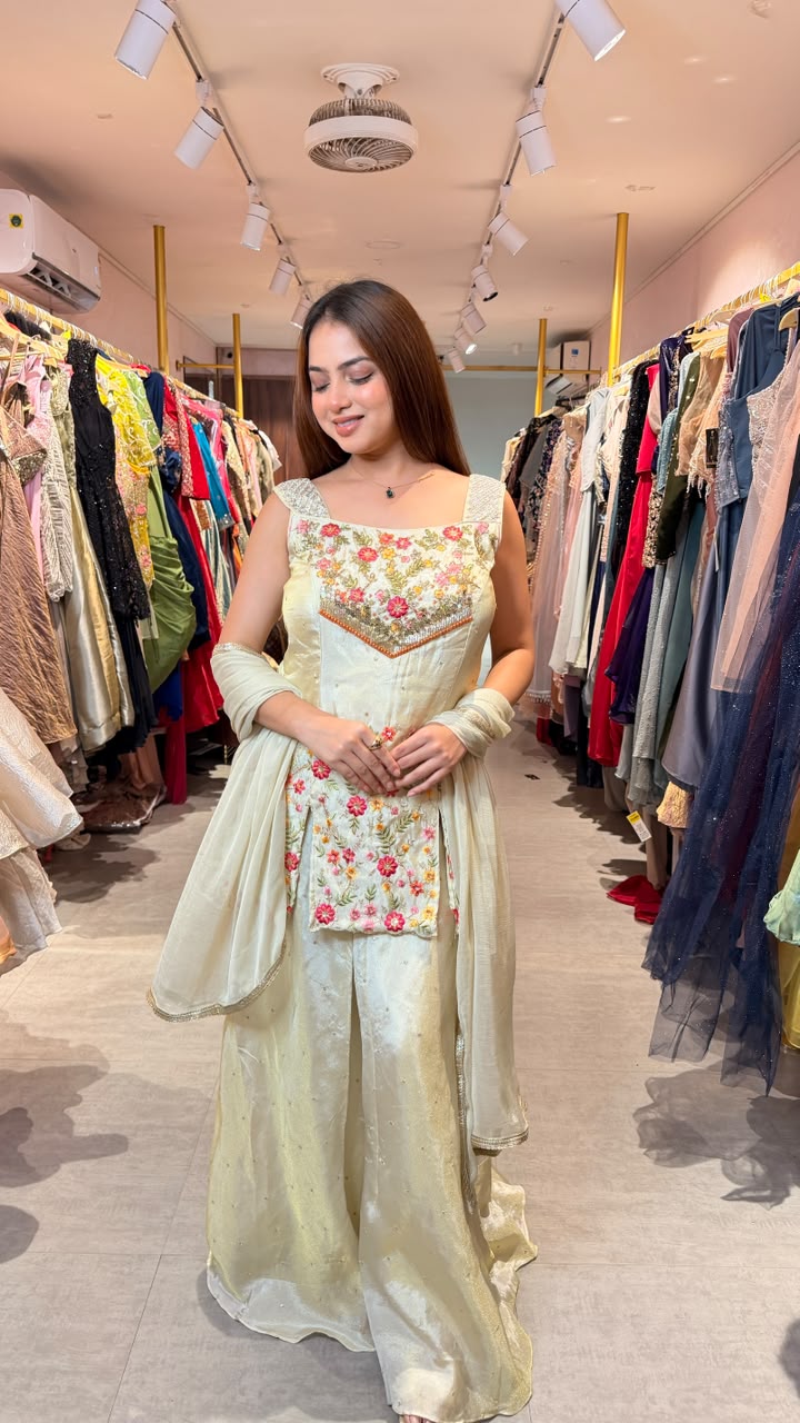 Floral Embroidered Silk Kurta Palazzo Set with Dupatta