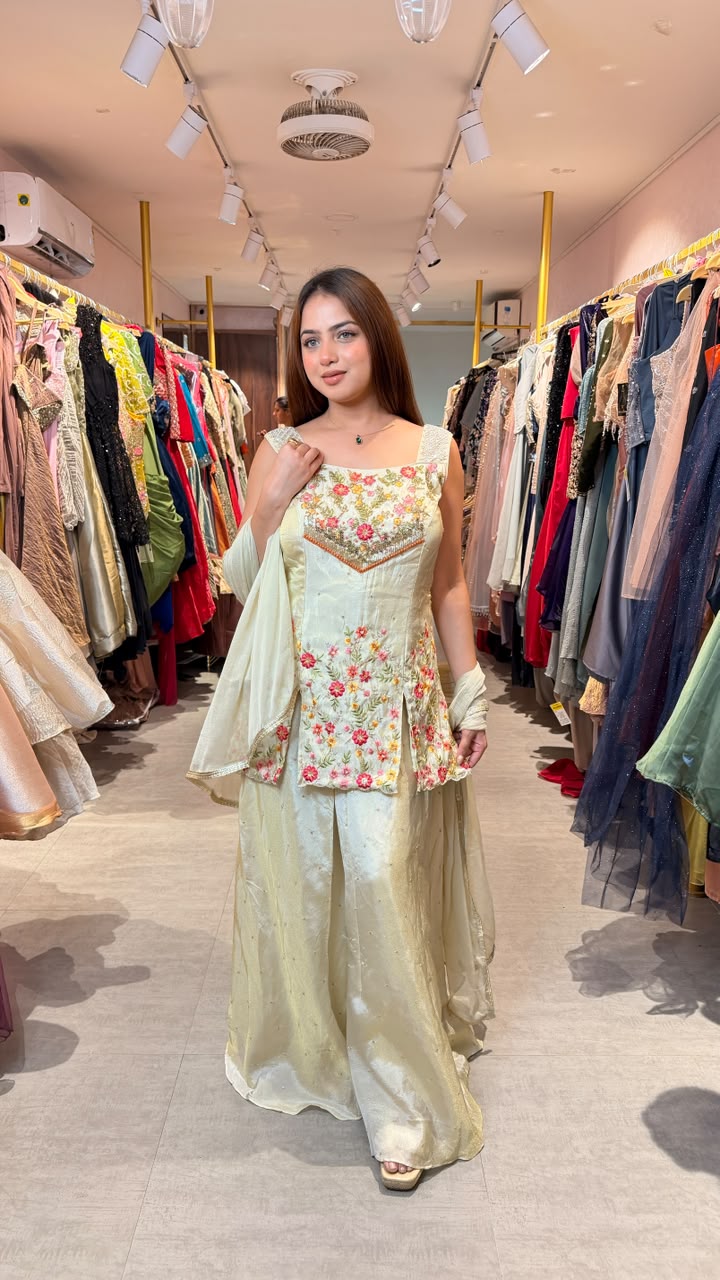 Floral Embroidered Silk Kurta Palazzo Set with Dupatta