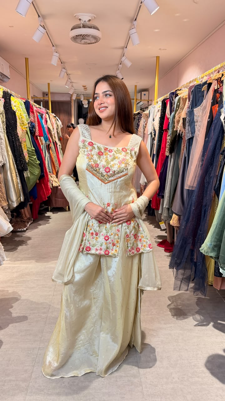 Floral Embroidered Silk Kurta Palazzo Set with Dupatta